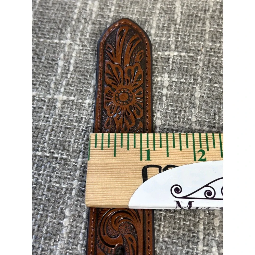 Nocona Western Belt Brown Leather Tooled Silvertone Longhorn Bull Buckle Size 28